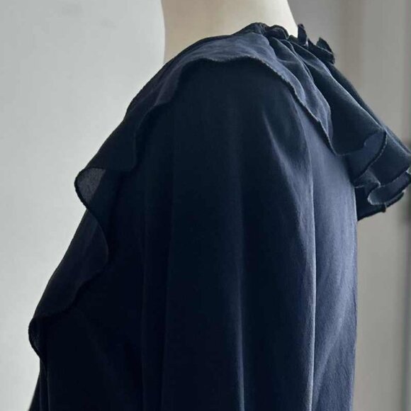 NWT Shan Ink-Blue Silk Semi-Sheer Ruffle-Blouse w/ Cascading Front & Tie – US 6 - Picture 5 of 14